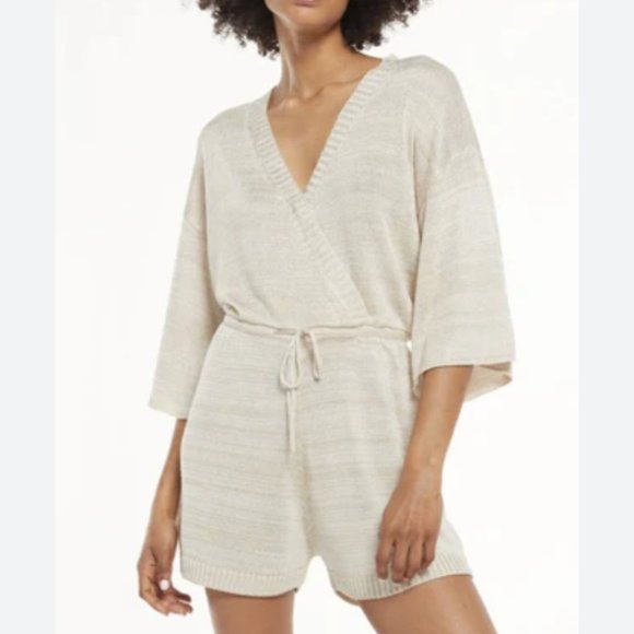 Z Supply Analise Romper Sz L Oatmeal Coastal Resort Kimono Crochet Knit Boho